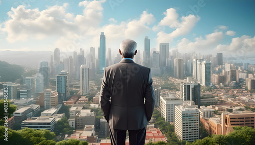 A successful man in a business suit looking at a big city from above © israel