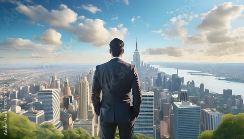 A successful man in a business suit looking at a big city from above