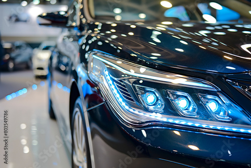 New cars display in luxury showroom with light bokeh in motor show event © MVProductions
