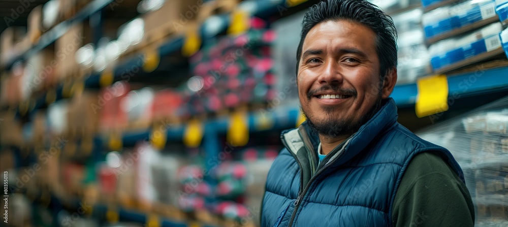 Captured in a portrait is a Mexican man who works in a warehouse, smiling as he stands surrounded by shelves packed with boxes and other equipment in his storage facility. Captured in a portrait is a Mexican man who works in a warehouse, smiling as he stands surrounded by shelves packed with boxes and other equipment in his storage facility.