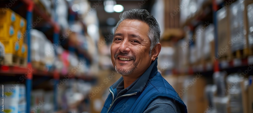 The portrait features a smiling Mexican man, who works in a warehouse, standing surrounded by shelves stocked with boxes and other equipment in his storage space. The portrait features a smiling Mexican man, who works in a warehouse, standing surrounded by shelves stocked with boxes and other equipment in his storage space.