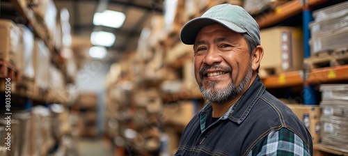 A portrait shows a smiling Mexican man, who works in a warehouse, standing amidst shelves stocked with boxes and other equipment in his storage facility.