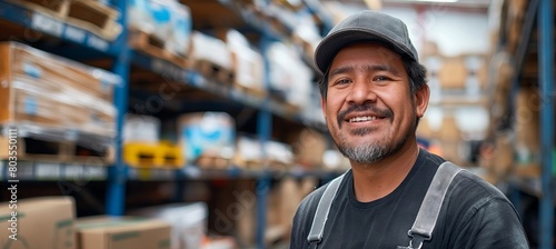 Captured in a portrait is a smiling Mexican man who works in a warehouse, standing in the middle of his storage facility, with shelves filled with boxes and other equipment all around.