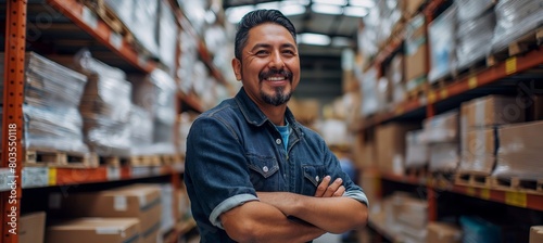 Captured in a portrait is a Mexican man who works in a warehouse, smiling as he stands surrounded by shelves packed with boxes and other equipment in his storage facility.