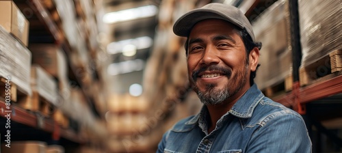 The portrait features a smiling Mexican man, who works in a warehouse, standing surrounded by shelves stocked with boxes and other equipment in his storage space.