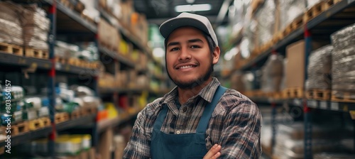 In the portrait, we see a cheerful Mexican man, employed in a warehouse, standing amidst shelves filled with boxes and other equipment in his storage area.