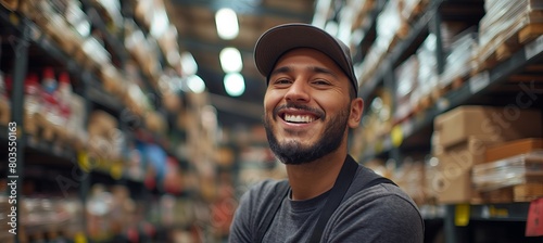Within the portrait  there s a happy Mexican man  employed in a warehouse  standing amid shelves filled with boxes and other equipment in his storage facility.