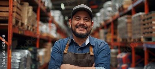 Within the portrait  there s a happy Mexican man  employed in a warehouse  standing amid shelves filled with boxes and other equipment in his storage facility.