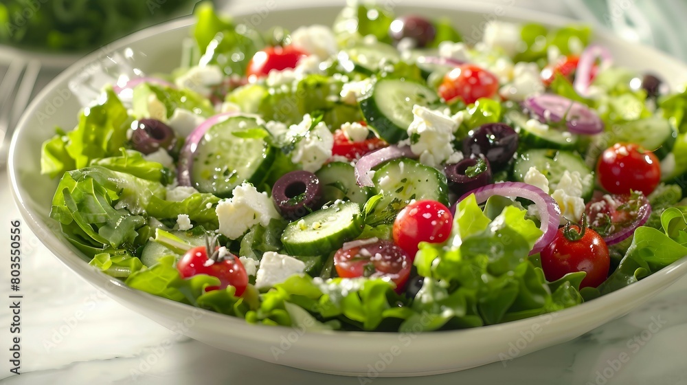 A bowl of Greek salad featuring fresh lettuce, ripe tomatoes, cucumbers, red onions, Kalamata olives, feta cheese, and a drizzle of olive oil and lemon juice. A bowl of Greek salad featuring fresh lettuce, ripe tomatoes, cucumbers, red onions, Kalamata olives, feta cheese, and a drizzle of olive oil and lemon juice.