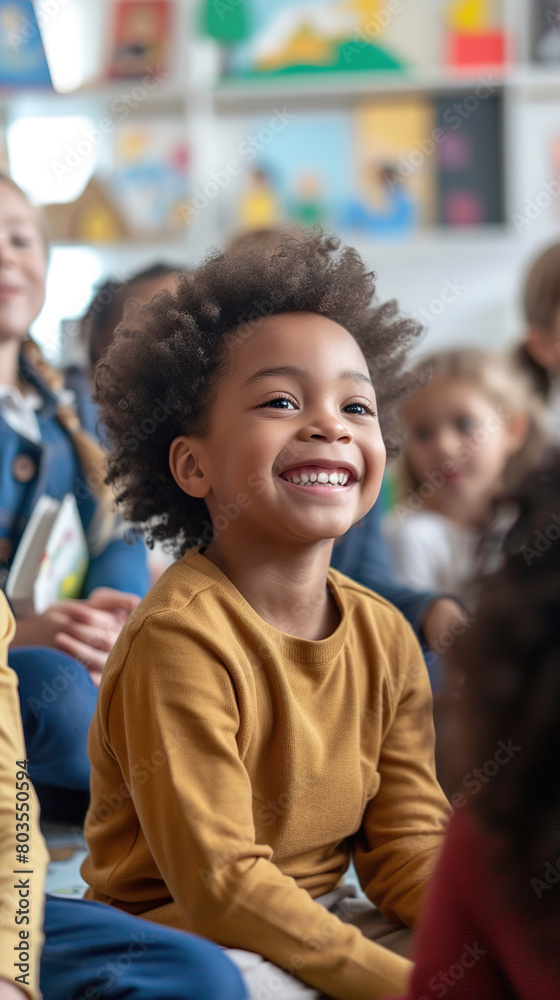 A happy preschooler engaged in creative play at a colorful and interactive learning center A happy preschooler engaged in creative play at a colorful and interactive learning center