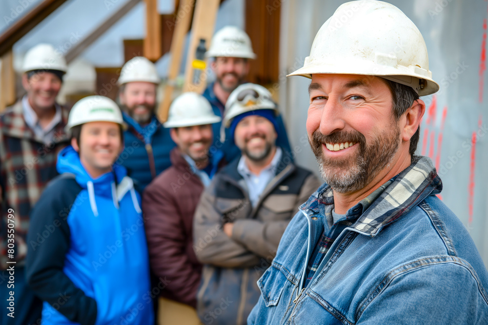 Portrait of engineer man smiling in diverse group of team on construction site Portrait of engineer man smiling in diverse group of team on construction site