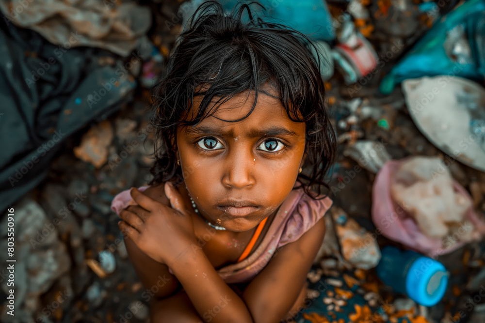 Portrait of indian little girl crying tear on garbage dump Portrait of indian little girl crying tear on garbage dump