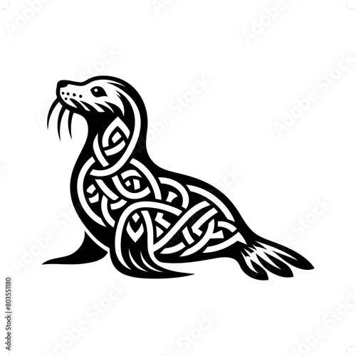Seal silhouette in animal celtic knot, irish, nordic illustration