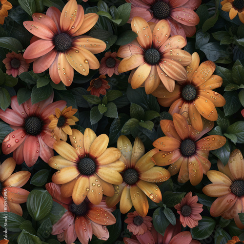 Seamless pattern of yellow-pink Transvaal daisy flowers with green leaves, soft dim light photo