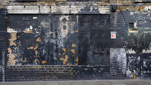 textured brick wall  messy painted in black  shady London street