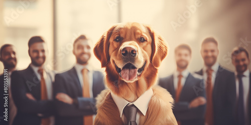 Business dog with arms crossed with employees around him photo