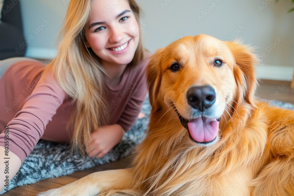 Saving memories with pet. Smiling woman with blond hair snuggling to furry friend and taking selfie on modern cell phone. Obedient golden retriever lying on floor near delighted female owner Saving memories with pet. Smiling woman with blond hair snuggling to furry friend and taking selfie on modern cell phone. Obedient golden retriever lying on floor near delighted female owner