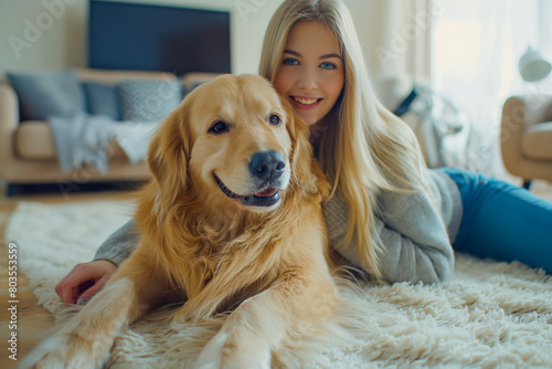 Saving memories with pet. Smiling woman with blond hair snuggling to furry friend and taking selfie on modern cell phone. Obedient golden retriever lying on floor near delighted female owner © MVProductions