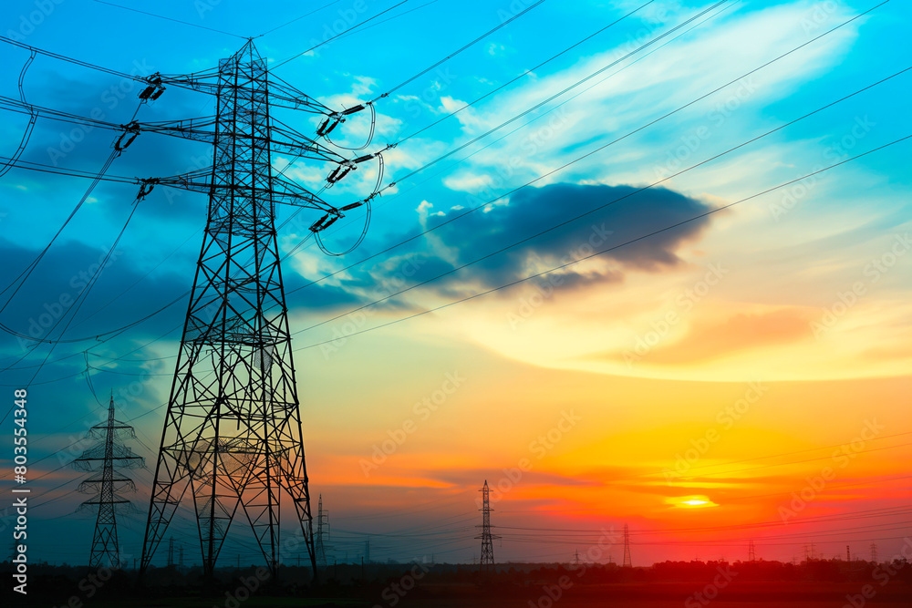 Fototapeta premium Silhouette of High voltage electric tower on sunset time background
