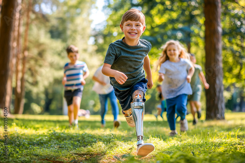 Smiling little boy with prosthetic leg running on field with his friends photo