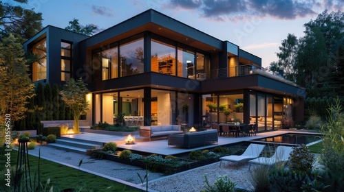 Modern home exterior at dusk with outdoor furniture and garden