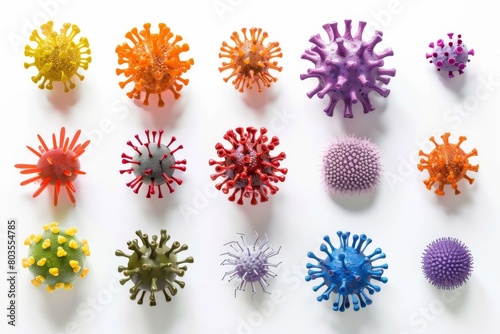 A side-by-side comparison of various virus types, such as influenza, HIV, and coronavirus, each with distinct colors and shapes, against a clean, white background  photo
