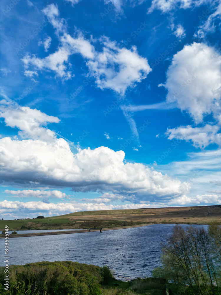 High Angle View of Most Beautiful British Landscape at Redmires Water Reservoirs over Hills of Sheffield City of England United Kingdom, April 30th, 2024