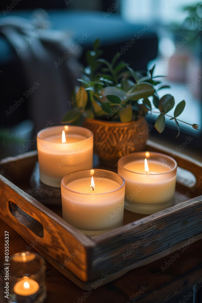Aromatic candles arranged on a wooden tray Aromatic candles arranged on a wooden tray
