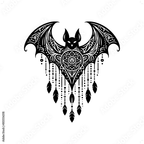 bat silhouette in bohemian, boho, nature illustration