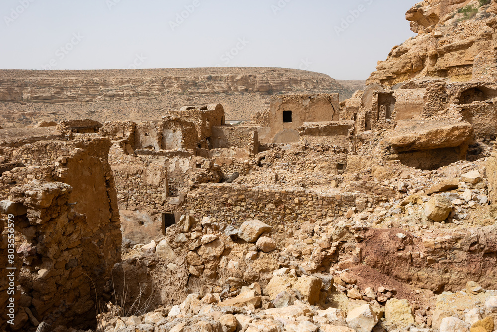 Hoary ruins of Berber Muslim village of Ghomrassen, Tataouine. Ancient Arab settlement lost among desert rocks.