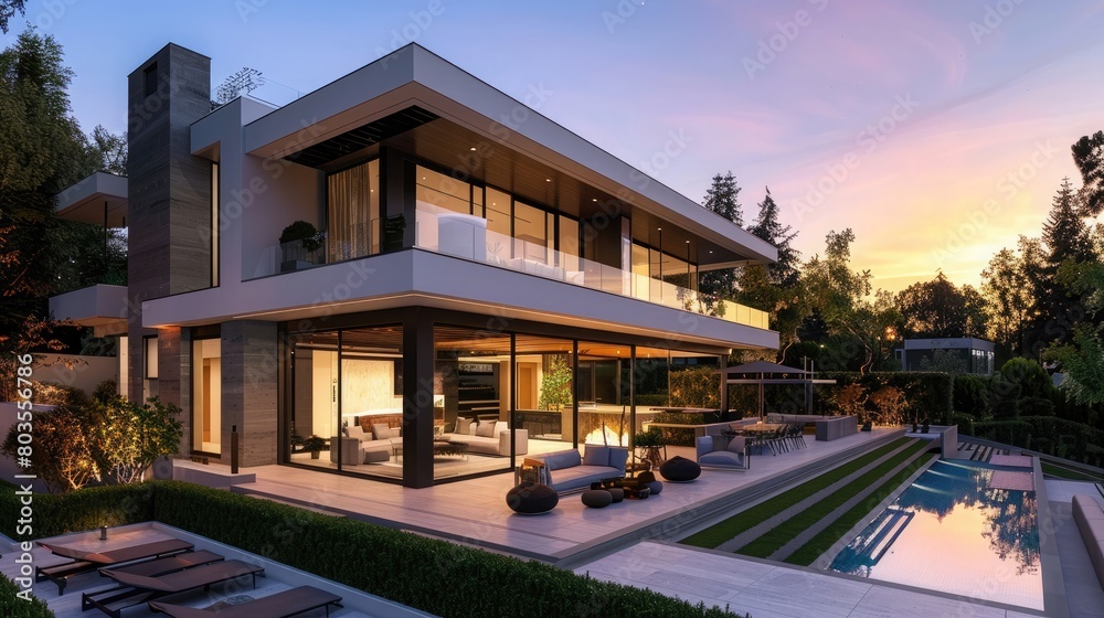 Modern home exterior at dusk with outdoor furniture and garden