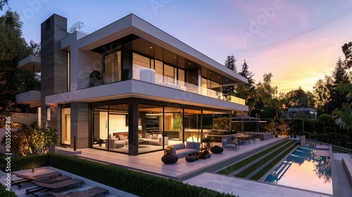Modern home exterior at dusk with outdoor furniture and garden © Ammar