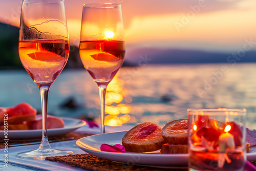 Summer love. Romantic sunset dinner on the beach. Table honeymoon set for two with luxurious food, glasses of rose wine drinks in a restaurant with sea view. Happy valentines day
