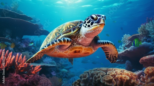 Sea turtle gracefully navigating through coral reefs, emphasizing endangered species in their natural environment,