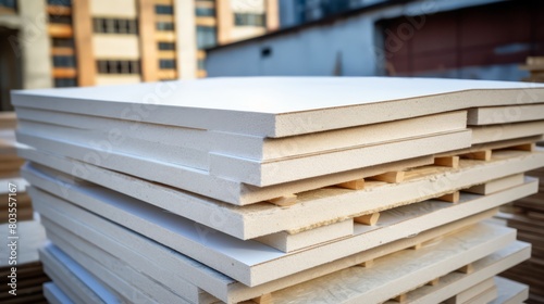 Stack of insulation panels at a building site  focus on material and thermal properties 