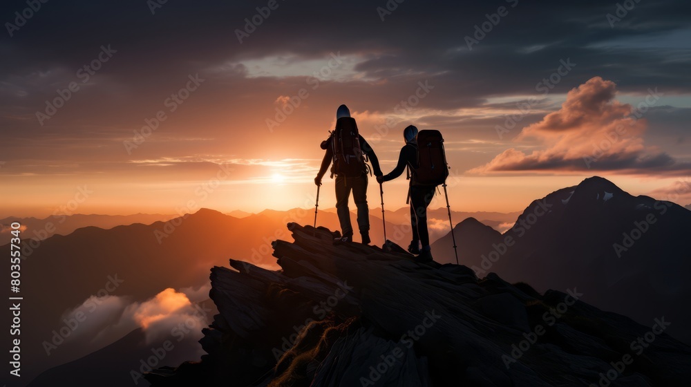 Two hikers on a mountain, silhouettes outlined by the setting sun, demonstrating mutual assistance and the spirit of teamwork in nature,