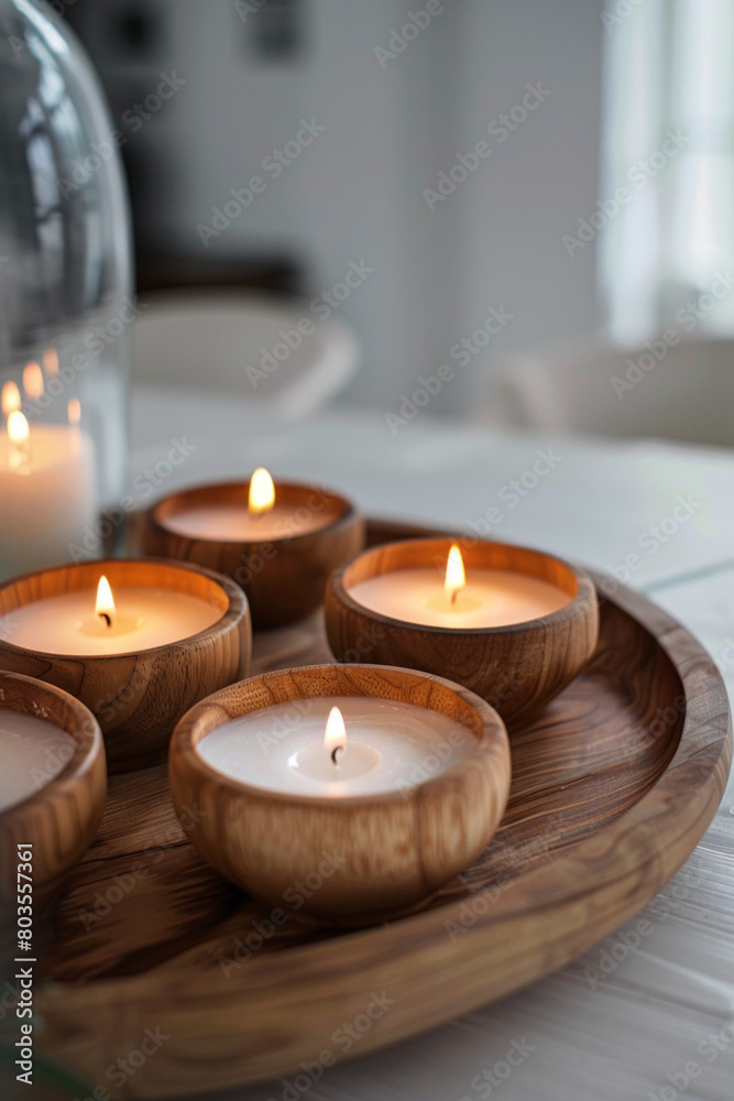 Aromatic candles arranged on a wooden tray