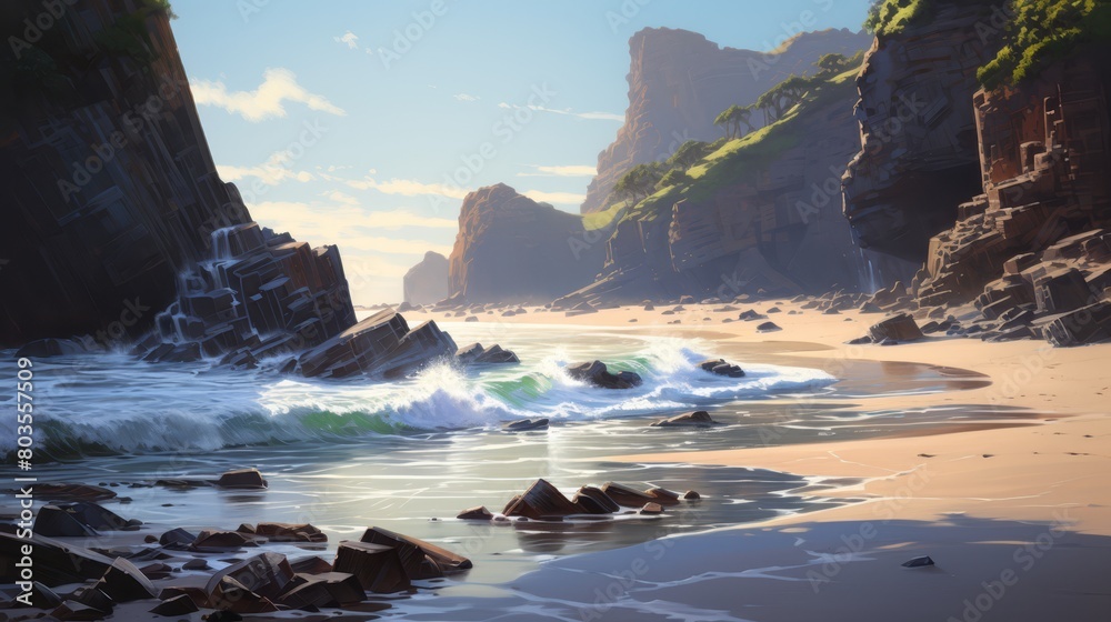 Obraz premium Quiet beach cove with small waves lapping, surrounded by rocky cliffs and early light,