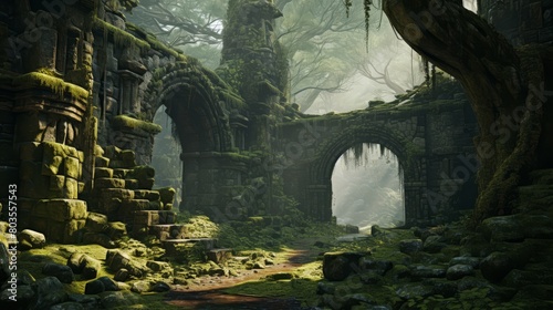 Peaceful ancient ruins covered in moss, surrounded by forest and a sense of history,
