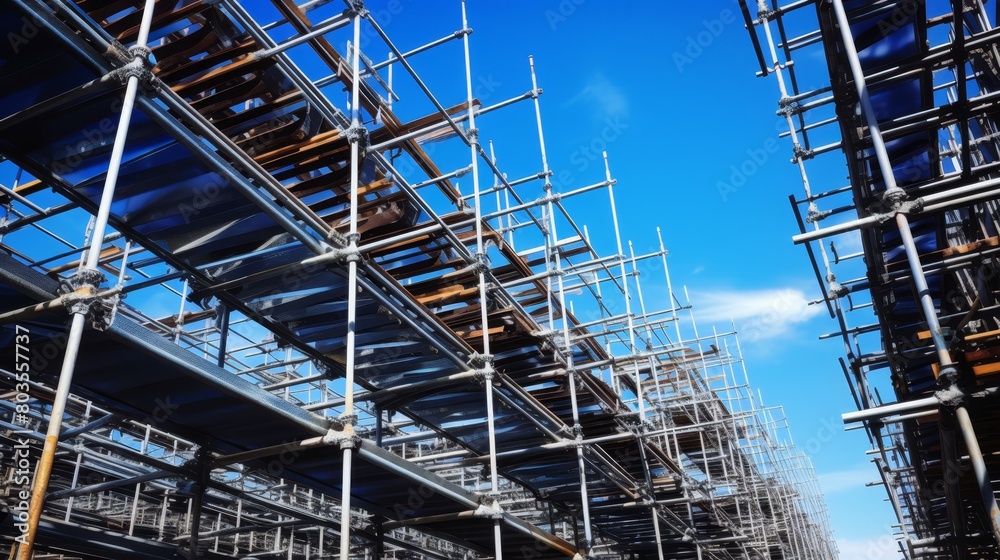 Rows of metal scaffolding against a clear blue sky, emphasizing structure and patterns,