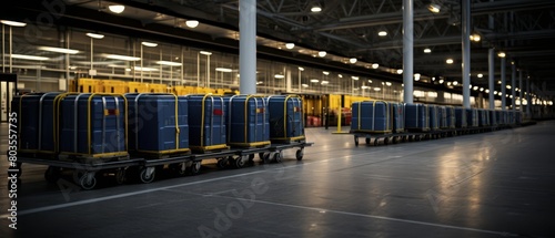 Vacant cargo area at an airport, luggage carts lined up, no activity,