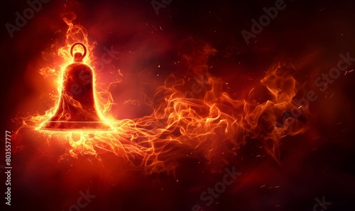 Golden bell outline surrounded by flames on a dark red background. Fire concept artwork representing alert, danger, or a call to action for design and print. photo
