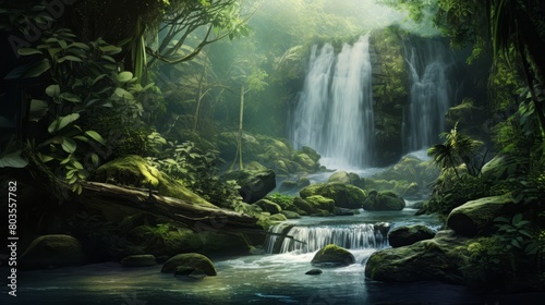 Tranquil rainforest waterfall with lush greenery, cascading water, and a misty environment, © FoxGrafy