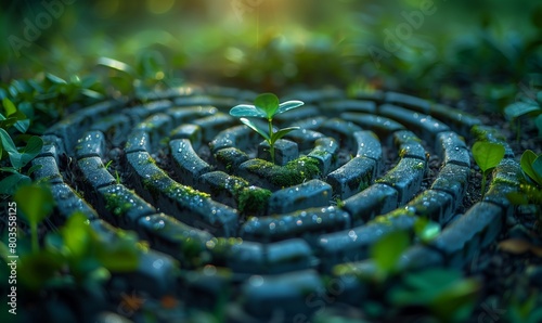 Young plant growing in the center of a spiral stone labyrinth. Nature and growth concept with a focus on environmental care and mindfulness.
