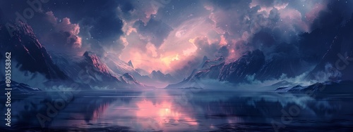 Atmospheric illustrations of landscapes, seascapes, or outer space scenes for mood-setting backgrounds.