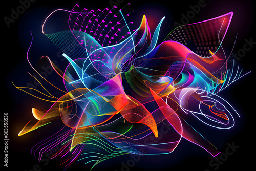Neon art composition with colorful abstract shapes. Striking black background artwork.