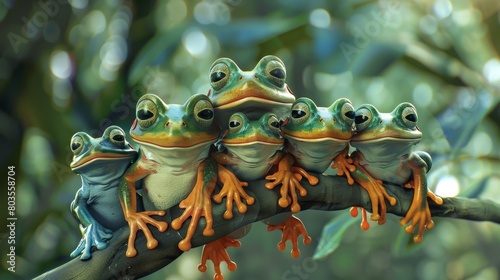 3D cartoon animation, family of whimsical frogs on a branch green