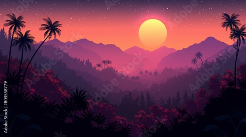 Beautiful fantasy tropical in night skies with tree in mountain view, and shining moon, night sky with moonlight between forest 