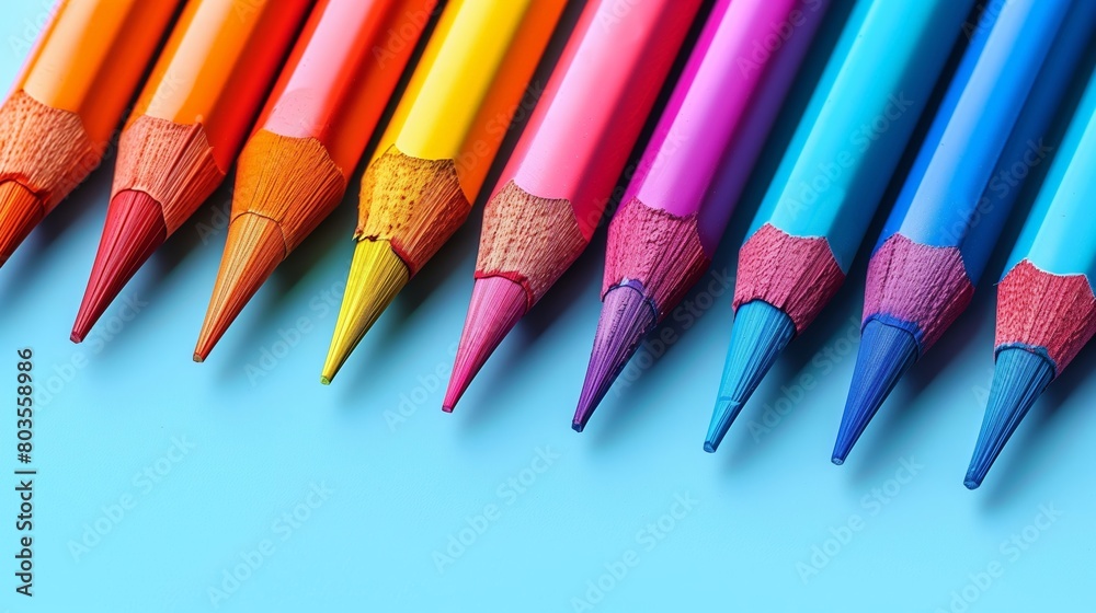 Row of colorful pencils on blue background, creative concept for education, art, and design. Flat lay composition suitable for design and print. Row of colorful pencils on blue background, creative concept for education, art, and design. Flat lay composition suitable for design and print.