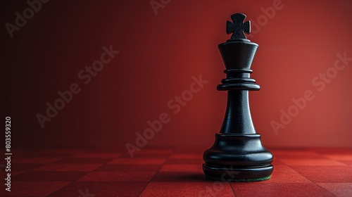 Black king chess piece on a red checkerboard. Strategy and competition concept. Design for game strategy poster or banner.